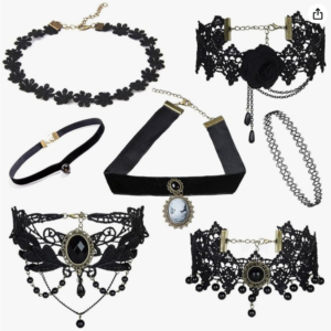 shining diva fashion jewellery girls/women's black fabric lace chokers stylish necklace combo set of 7 pieces (cmb271)