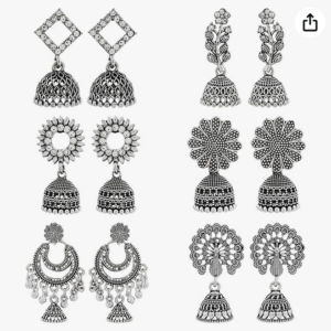 traditional oxidised silver jhumka earrings for women | girls fashion jhumka meenakari oxidised kundans flower temple south indian traditional ear rings set stylish big jhumki combo pack of 6.