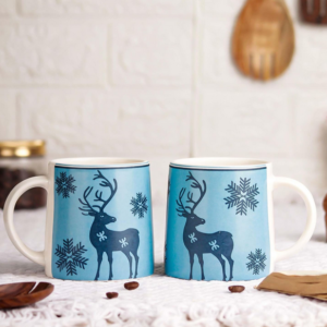 Blue Reindeer Ceramic Coffee Mug Set (Pack of 2) – 300ML Each | Microwave & Dishwasher Safe Tea, Coffee & Milk Mugs | Stylish Ceramic Mugs for Home, Office & Gifting