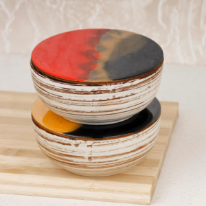 Brown Spiral Marble Ceramic Bowl Set (Pack of 2) – 500ML Each with Lid & Coaster | Microwave & Dishwasher Safe Multipurpose Serving Bowls for Rice, Dal, Salad, Fruits & Snacks