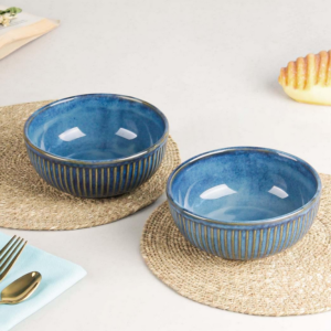 Glam Blue Ceramic Bowl Set (Pack of 2) – 500ML Each | Microwave & Dishwasher Safe Kitchen Bowls | Perfect for Rice, Dal, Snacks, Salad, Fruits, Noodles & Maggi | Stylish Serving Bowls for Daily Use
