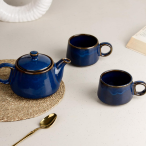 Premium Navy Blue Glaze Ceramic Morning Tea Set - 2 Tea Cups & 1 Kettle Microwave and Dishwasher Safe | Tea Cup with Kettle | Small Morning Set | Ideal for Gifting and Daily Use