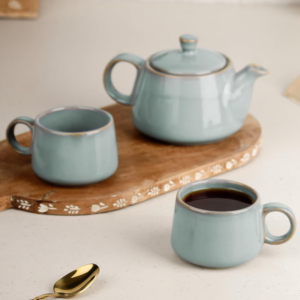 Premium Grey Glaze Ceramic Morning Tea Set - 2 Tea Cups & 1 Kettle Microwave and Dishwasher Safe | Tea Cup with Kettle | Small Morning Set | Ideal for Gifting and Daily Use