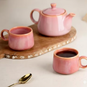 Premium Pink Glaze Ceramic Morning Tea Set - 2 Tea Cups & 1 Kettle Microwave and Dishwasher Safe | Tea Cup with Kettle | Small Morning Set | Ideal for Gifting and Daily Use
