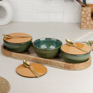 Glam Green Ceramic Bowl Serving Set with Tray – 3 Bowls, 3 Coasters & 3 Spoons | Elegant Snack & Dessert Serving Set