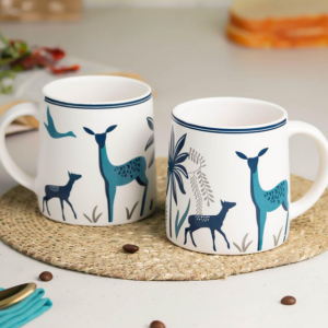 Stag Blue Ceramic Coffee Mug Set (Pack of 2) – 300ML Each | Microwave Safe Coffee Mugs | Stylish Ceramic Tea & Coffee Cups for Home, Office & Gifting