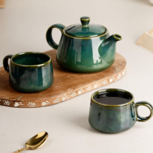 Premium Green Glaze Ceramic Morning Tea Set - 2 Tea Cups & 1 Kettle Microwave and Dishwasher Safe | Tea Cup with Kettle | Small Morning Set | Ideal for Gifting and Daily Use