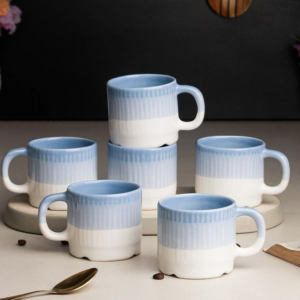 Tritone Sky Blue Ceramic Tea Cup Set (Pack of 6) – 200ML Each | Microwave & Dishwasher Safe Coffee Cups | Elegant Ovule Shape Cups for Tea, Coffee & Hot Beverages