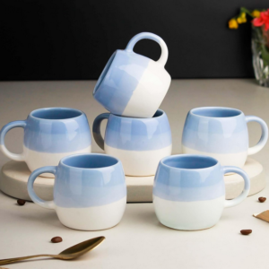 Tritone Sky Blue Ceramic Tea Cup Set (Pack of 6) – 190ML Each | Microwave & Dishwasher Safe Coffee Cups | Elegant Ovule Shape Cups for Tea, Coffee & Daily Use