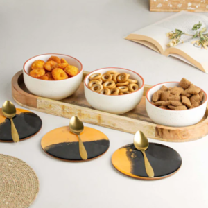 White Marble Ceramic Bowl Serving Set with Tray – 3 Bowls, 3 Coasters & 3 Spoons | Elegant Snack & Dessert Serving Set