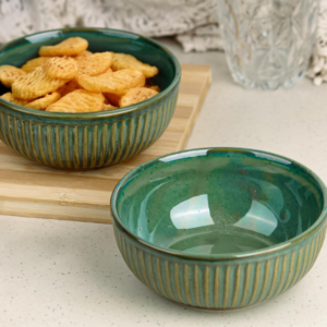 Glam Green Ceramic Bowl Set of 2, 500ML Each | Ceramic Mixing Bowls for Snacks, More | Rice, Dal, Fruits, Salad | Microwave Safe Bowl Set | Perfect for Gifting & Daily Use